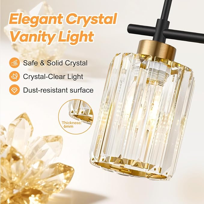 Modern Crystal Bathroom Vanity Light Fixtures, 2-Light Black and Gold Bathroom Wall Sconce Lighting for Over Mirror, Clear K9 Crystal Shades, E26 Base, Bulbs Not Included
