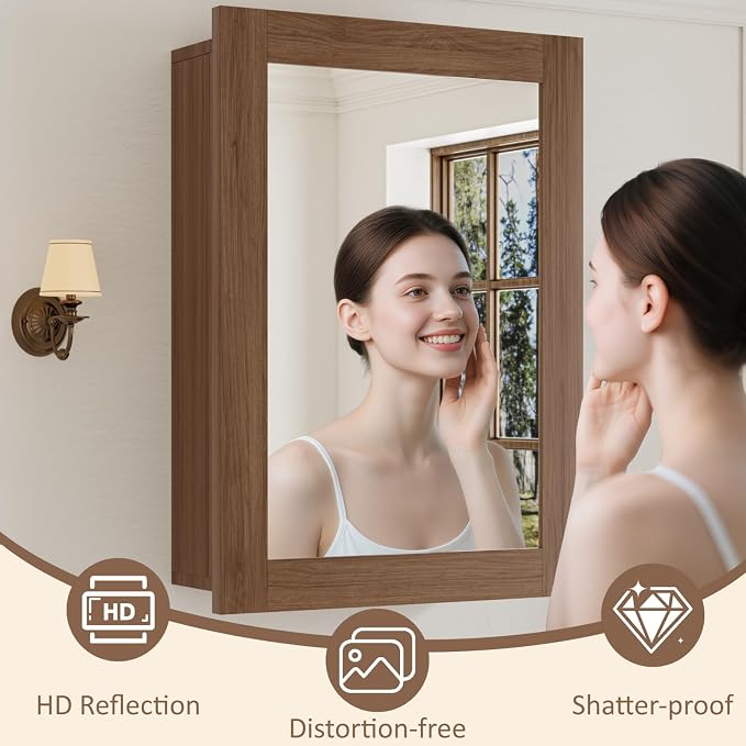 Buruis 20 x 28 Inch Bathroom Wood Medicine Cabinet Mirror, Walnut Finish | Fully Assembled Design, Adjustable Glass Shelves, Soft-Close Hinges, Bathroom Storage Organizer, Left/Right Opening