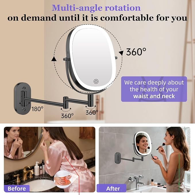 FUNTOUCH 5000mAh Rechargeable Wall Mounted Lighted Makeup Mirror,Black | Double Sided 30X/1X Magnifying Mirror Wall Mounted,Extended Arm 360°Rotation,Touch Dimmable,3 Color Lights for Bathroom