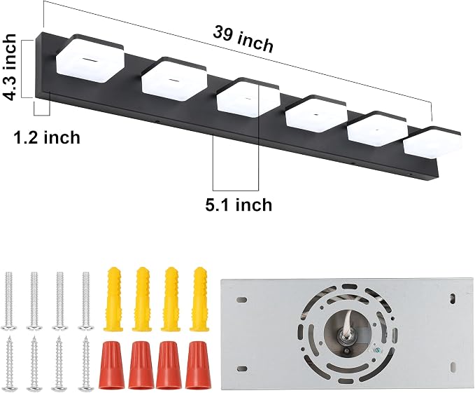 GOODATE 3 Colors Dimmable Bathroom Light Fixtures Over Mirror, LED Black Vanity Lights, Acrylic Stainless Steel 6 Light Bathroom Vanity Light Fixtures, Adjustable 3000K/4000K/6000K, 360° Rotate