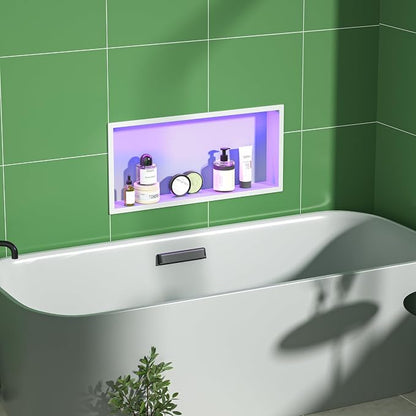 Stainless Led Shower Niche 24"x12" White RGB Light No Tile Needed | 304 stainless steel shower niche,recessed niche shower,Led driver & remote control included,dimmable,bathroom shower storage