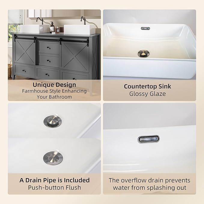 VNN Bathroom Vanity with Sink - 60 Inch Bathroom Vanity Double Sink Ceramic, Freestanding Cabinet with 2 Farmhouse Sliding Barn Doors and 5 Drawers, Space-Saving Storage Cabinet, Grey