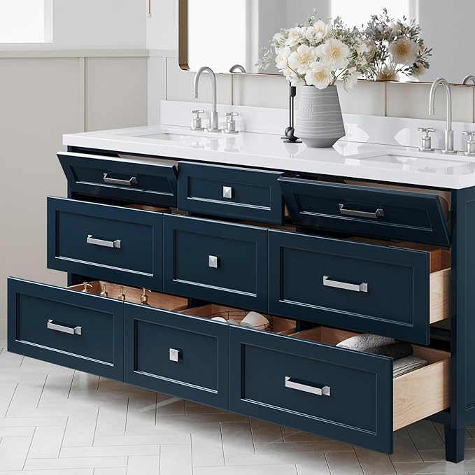 ARIEL Monroe 72-inch Bathroom Vanity with Sink,Solid Wood, 1.5-inch Pure White Quartz Countertop & Backsplash, Double Oval Porcelain Sink, 9 Dovetail Drawers, Brushed Nickel, Midnight Blue