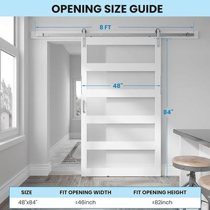 48in x 84in White Sliding Glass Barn Door with 5-Panel Frosted Glass | with 8ft Brushed Nickel Hardware Kit & Handle, Pre-Drilled Holes Easy Assembly, Covered with Water-Proof PVC Surface