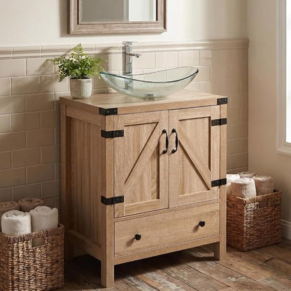 24 inch Natural Color Bathroom Vanity, Rustic Fixture Standing Pedestal Cabinet with Clear Boat Vessel Sink