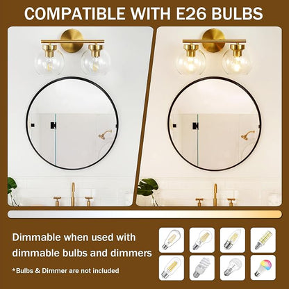 Gold Vanity Light, 2 Light Bathroom Vanity Light with Clear Globe Glass Shades, Modern Bathroom Light Fixture Over Mirror, Brass Wall Sconce Light for Bedroom Restroom, E26 Socket