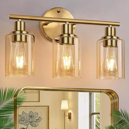 3-Light Bathroom Light Fixtures, Brushed Gold Vanity Light, Farmhouse Wall Lights with Amber Glass Shades, Bathroom Wall Lamp for Mirror Kitchen Bedroom Hallway Living Room