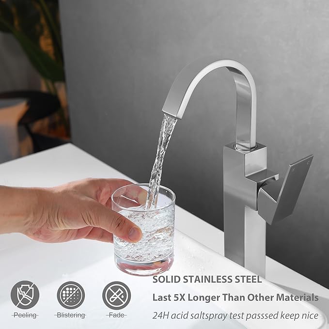 Brushed Nickel Single Handle Tall Bathroom Faucet，Vessel Sink Faucet Waterfall Bathroom Faucet Single Hole Lavatory Vanity Tap Single Hole Bar Sink Faucet with Pop Up Drain and Supply Lines,SL50044BN