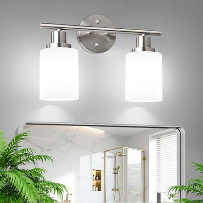 Unicozin 2 Light Bathroom Light Fixtures, Modern Vanity Lights with Milky White Glass Shade, Brushed Nickel Wall Lamp Over Mirror for Bathroom, Living Room, Cabinet, Bedroom, E26 Base