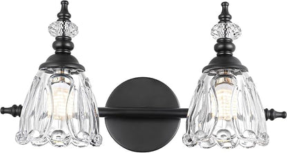 Matte Black Vanity Light, Farmhouse Bathroom Light Fixtures, 2 Light Bathroom Vanity Lights, Flower Glass Shade Wall Sconce Lighting