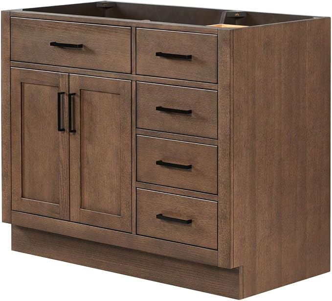 ARIEL Hepburn 42-inch Bathroom Vanity Base Cabinet,Solid Wood, 2 Soft Closing Doors, 5 Dovetail Drawers, Brown Oak