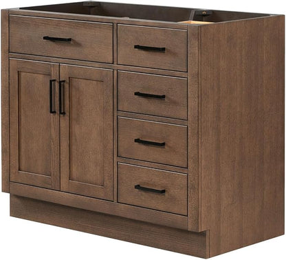 ARIEL Hepburn 42-inch Bathroom Vanity Base Cabinet,Solid Wood, 2 Soft Closing Doors, 5 Dovetail Drawers, Brown Oak