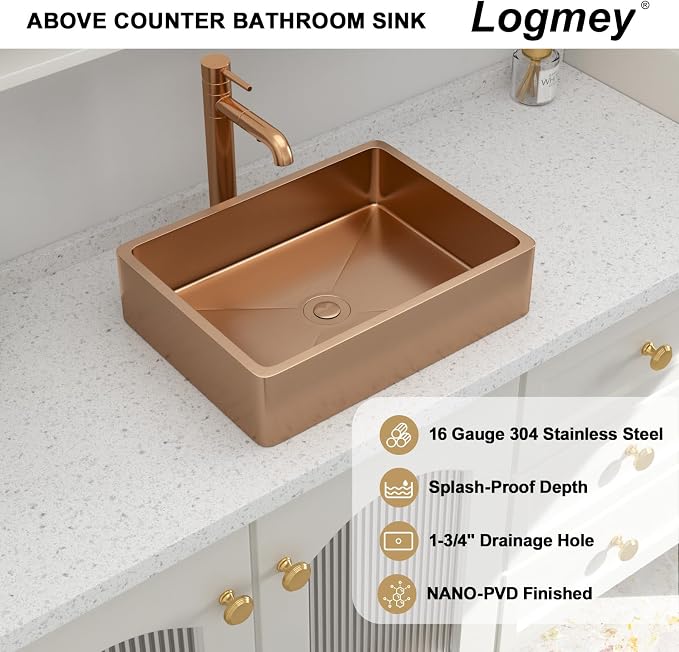 Logmey 16" Rose Gold Shallow Bathroom Vessel Sink 16x12 Handmade 16 Gauge Stainless Steel Above Counter Rectangle RV Bathroom Sinks with Pop up Drain Set