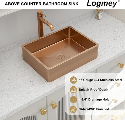Logmey 16" Rose Gold Shallow Bathroom Vessel Sink 16x12 Handmade 16 Gauge Stainless Steel Above Counter Rectangle RV Bathroom Sinks with Pop up Drain Set