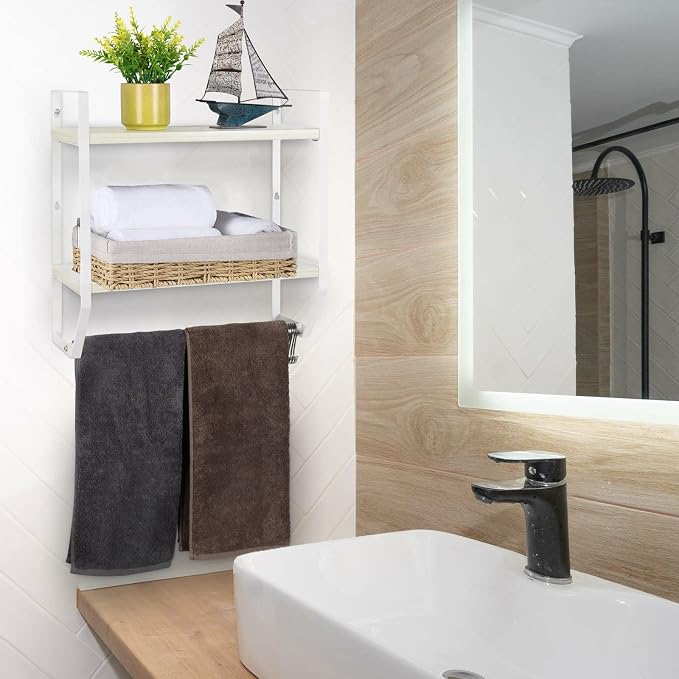 OYEAL Bathroom Shelf with Towel Bar Wall Mounted | Towel RaRustic Towel Shelf for Bathroom with 5 Hooks, 2 Tier Shelf Storage Organizer for Living Room, Kitchen, Bedroom, White