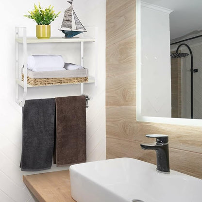 OYEAL Bathroom Shelf with Towel Bar Wall Mounted | Towel RaRustic Towel Shelf for Bathroom with 5 Hooks, 2 Tier Shelf Storage Organizer for Living Room, Kitchen, Bedroom, White
