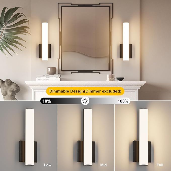 15.7 Inches Modern Bathroom Led Wall Sconces,18W 3000K Hardwired Wall Light with White Acrylic Lampshade,Indoor Bathroom Vanity Light for Mirror Bedroom Living Room Hallway(Black,2Pack)