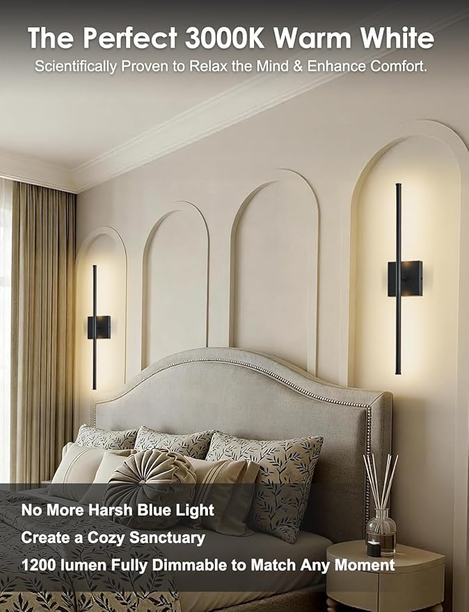 24.4 Inch Hardwired Wall Sconces Set of Two, 3000K Warm White Dimmable Modern Wall Sconces, 350° Rotate LED Light Fixtures Wall Lamp for Bathroom Living Room Bedroom Bedside, Black