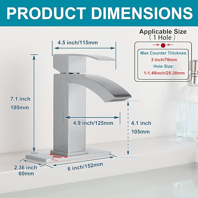 Brushed Nickel Bathroom Faucet Single Handle, Waterfall Faucet for Bathroom Sink Single Hole with cUPC Supply Hose and Pop Up Drain