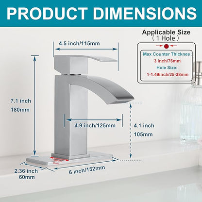 Brushed Nickel Bathroom Faucet Single Handle, Waterfall Faucet for Bathroom Sink Single Hole with cUPC Supply Hose and Pop Up Drain