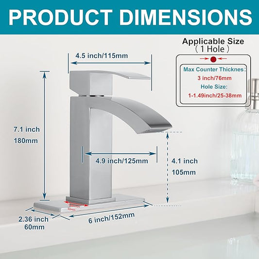 Brushed Nickel Bathroom Faucet Single Handle, Waterfall Faucet for Bathroom Sink Single Hole with cUPC Supply Hose and Pop Up Drain