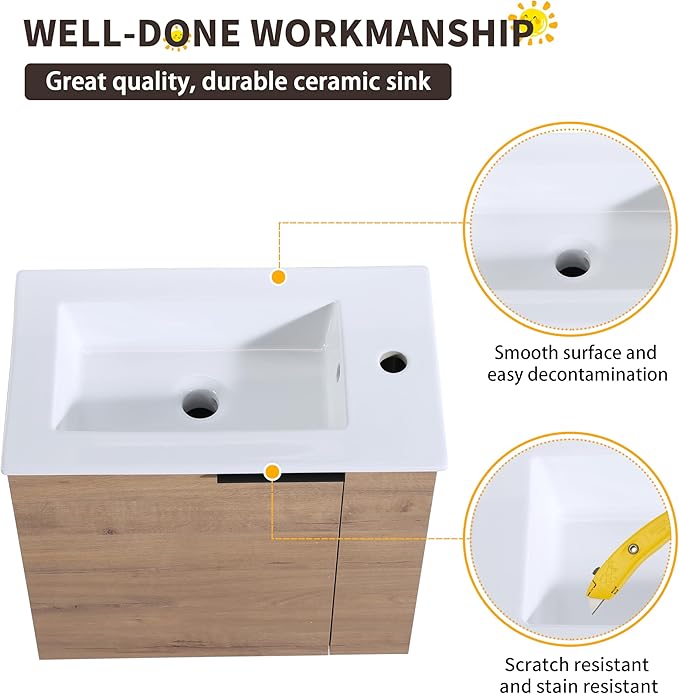 22 Inch Bathroom Vanity with Sink, 22" Wall Mounted Vanity Sink Combo for Small Space, Modern Bathroom Cabinet Set with Ceramic Basin Sink Top and Soft-Closing Door, Imitative Oak