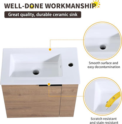 22 Inch Bathroom Vanity with Sink, 22" Wall Mounted Vanity Sink Combo for Small Space, Modern Bathroom Cabinet Set with Ceramic Basin Sink Top and Soft-Closing Door, Imitative Oak