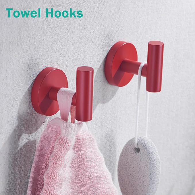 Bathroom Hardware Set,5 Pieces Bathroom Towel Bar Set,24 inch Towel Bar,Towel Ring for Bathroom,Robe Towel Hooks,Toilet Paper Holder Wall Mounted(Drilling),Red,SE96006S-5RED