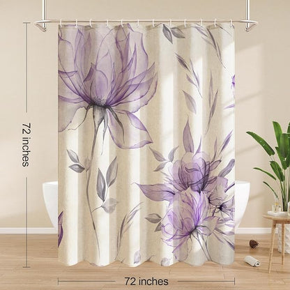Purple Floral Linen Shower Curtain, Watercolor Botanical Design, 72 x 72 | Boho Floral Design, Watercolor Botanical Style, Ink Painting Flowers & Leaves, Linen Blend Fabric Curtain