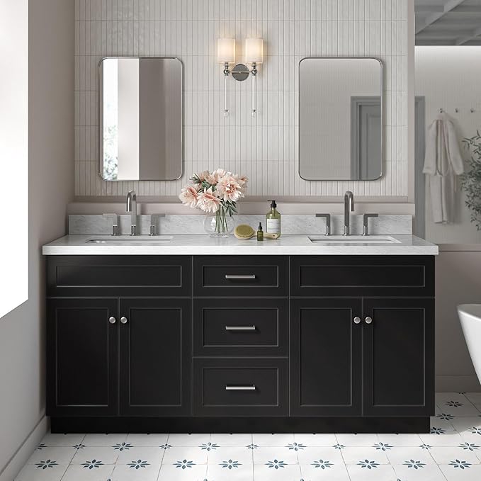 ARIEL Hamlet 72-inch Bathroom Vanity with Sink,Solid Wood, 1.5-inch Italian Carrara Marble Countertop, Double Rectangular Porcelain Sink, 4 Soft Closing Doors, 3 Dovetail Drawers, Black