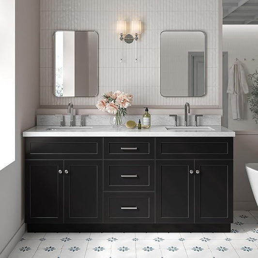 ARIEL Hamlet 72-inch Bathroom Vanity with Sink,Solid Wood, 1.5-inch Italian Carrara Marble Countertop, Double Rectangular Porcelain Sink, 4 Soft Closing Doors, 3 Dovetail Drawers, Black