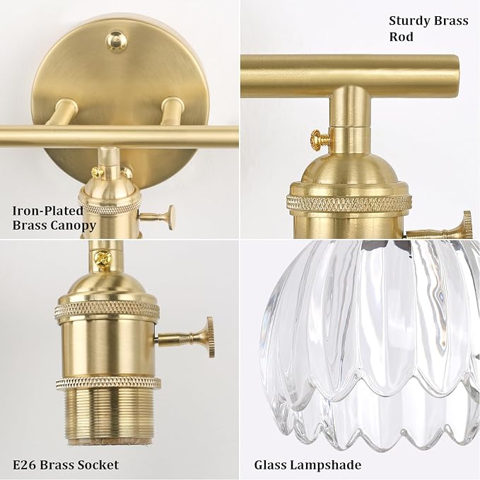 Shenmoyl Bathroom Light Fixtures, 3-Light Brass Vanity wall Light Over Mirror with Clear Tulip Glass Shade for Bedroom Living Room (Bulb Not Included)