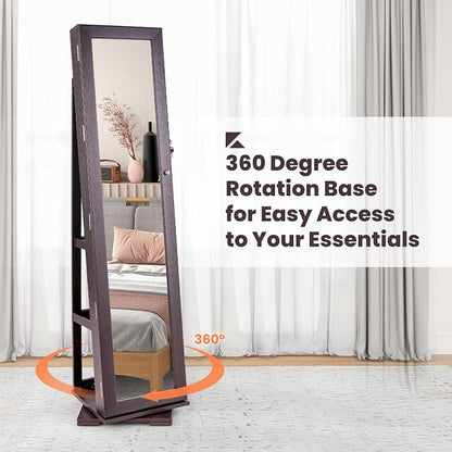 CHARMAID 360° Swivel Jewelry Armoire with Full Length Mirror, Standing Lockable Jewelry Cabinet Organizer, Large Storage Capacity, Inside Makeup Mirror, Back Storage Shelves (Espresso)