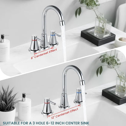 Bathroom Faucet 3 Hole,Chrome Bathroom Sink Faucet with 360°Swivel Spout, 8 inch Widespread 2 Handle Faucet for Bathroom Sink Vanity RV with Pop-up Drain Supply Line Stainless Steel