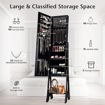 COSTWAY 12 LED Mirror Jewelry Cabinet, Freestanding Jewelry Storage Organizer w/Full Length Mirror, Large Capacity Jewelry Armoire w/Bottom Shelf, Mirror with Jewelry Storage for Women Girls (Black)