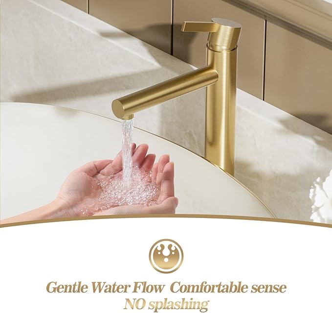 Brushed Gold One Hole High Bathroom Vessel Sink Faucet, Single Hole Single Handle Tall Bathroom Faucet, with Pop Up Drain and Water Supply Line,FH01-BG-V