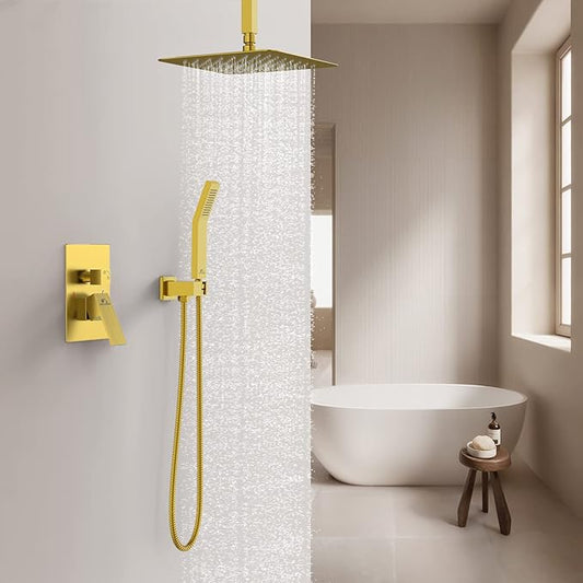 SunCleanse Rainfall Shower System Brushed Gold Ceiling Mounted Shower System Combo Set with High Pressure 12 Inches Square Rain Shower Head Handheld and Shower Faucet Rough-in Mixer Valve and Trim