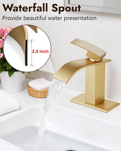 Midanya Waterfall Bathroom Faucet 1 Hole,Brushed Gold | with 24” Hoses,Pop Up Drain,6” Deck Plate,for 1 or 3 Hole Vanity,Lavatory,RV,Single Handle Bathroom Sink Faucet,NSF Certified