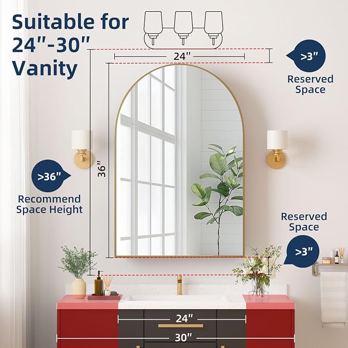Medicine Cabinets for Bathroom, Gold Arched Medicine Cabinet Recessed or Surface Wall-Mounted,Modern Bathroom Vanity Mirror with Storage, Mirrored Cabinet with Adjustable Shelves,24x36 Inch