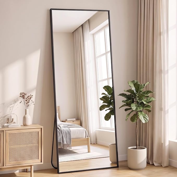 NEWBULIG Mirror Full Length, 16"x59" Body Wall Mirrors with Shatter-Proof Glass, Upgraded Floor Standing Mirror, Hanging or Leaning, with Stand Aluminum Alloy Frame for Home Decor, Bedroom, Black | Hanging or Leaning, Shatter-Proof Glass, Aluminum Allo...