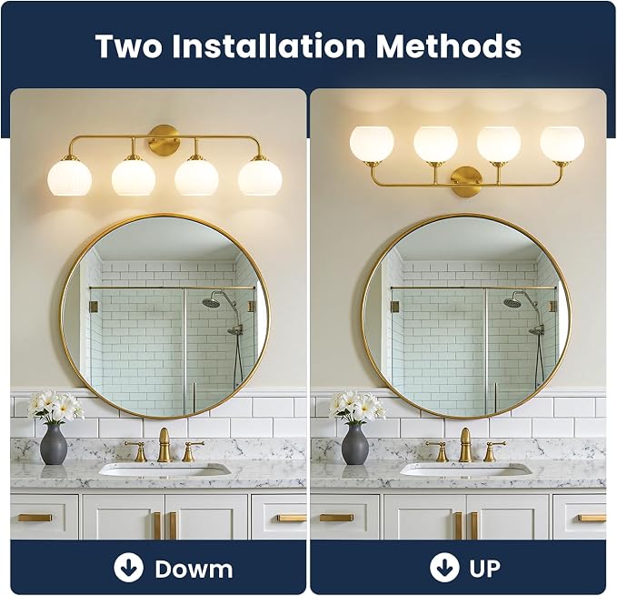 RUIYEY Bathroom Vanity Light Fixtures: 4 Lights Brushed Gold Ribbed Lantern Vanity Lights for Bathroom, E26 60W Hardwired Wall Sconce Lighting with Frosted Milky Glass Over Mirror (Exclude Bulb)