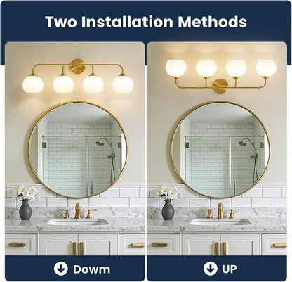 RUIYEY Bathroom Vanity Light Fixtures: 4 Lights Brushed Gold Ribbed Lantern Vanity Lights for Bathroom, E26 60W Hardwired Wall Sconce Lighting with Frosted Milky Glass Over Mirror (Exclude Bulb)