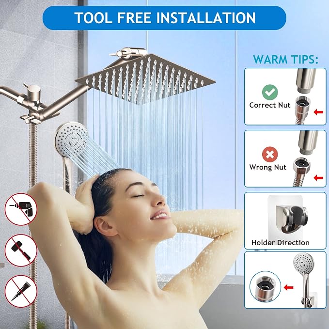 Shower Head Combo(Brushed Nickel),8 Inch High Pressure Rain Shower Head with 11 Inch Adjustable Extension Arm and 5 Settings Handheld Shower Head Combo,Powerful Shower Spray Against Low Pressure Water