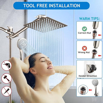 Shower Head Combo(Brushed Nickel),8 Inch High Pressure Rain Shower Head with 11 Inch Adjustable Extension Arm and 5 Settings Handheld Shower Head Combo,Powerful Shower Spray Against Low Pressure Water