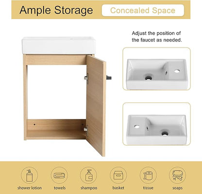 Malwee 16" Floating Bathroom Vanity with Sink, 16 inch Modern Brown Wall Mounted Bathroom Cabinet Combo for Small Space, Narrow Bath Wall-Hung Vanity Set with 1 Ceramic Basin and 1 Door(16cx)