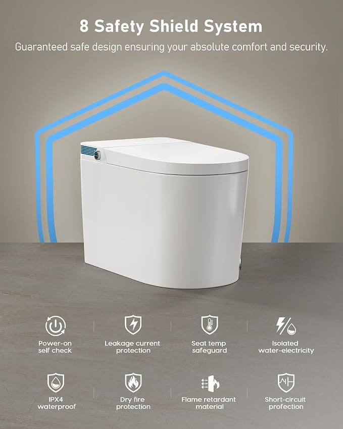 Smart Toilet with Bidet Built-in: Bidet Toilet with 5L Tank, Dual Flush | Auto Flush Lid&Seat, Powerful Modern Toilet with Instant Warm Water, Dryer, Foot Sensor, Foam, Heated Seat, UV-C Night Light