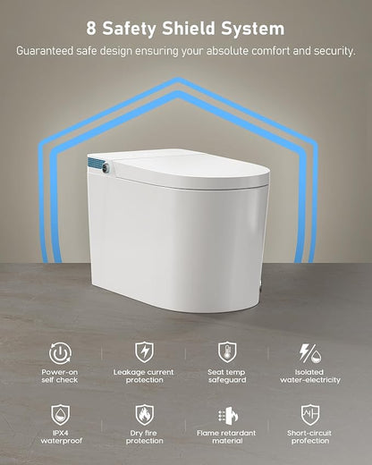 Smart Toilet with Bidet Built-in: Bidet Toilet with 5L Tank, Dual Flush | Auto Flush Lid&Seat, Powerful Modern Toilet with Instant Warm Water, Dryer, Foot Sensor, Foam, Heated Seat, UV-C Night Light