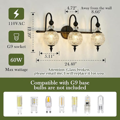 Vintage Bathroom Light Fixtures Black Vanity Light with Glass Globe LampShade 3 Lights Mid Century G9 Bulb Wall Sconce Indoor Vanity Light Over Mirror for Kitchen Bedroom Farmhouse
