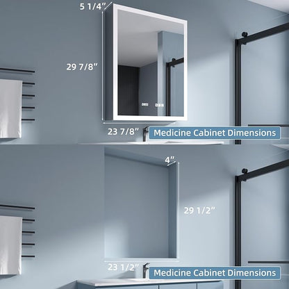 LED Medicine Cabinet 24x30 Anti-Fog Mirror Dimmable Recessed Mount | 3 Color Dimmable LED. Time Temp Display. Anti-Fog IP44. 2 Outlets+2 USB. Plug-in/Hardwired. Recessed/Wall Mount. Right Hinge.