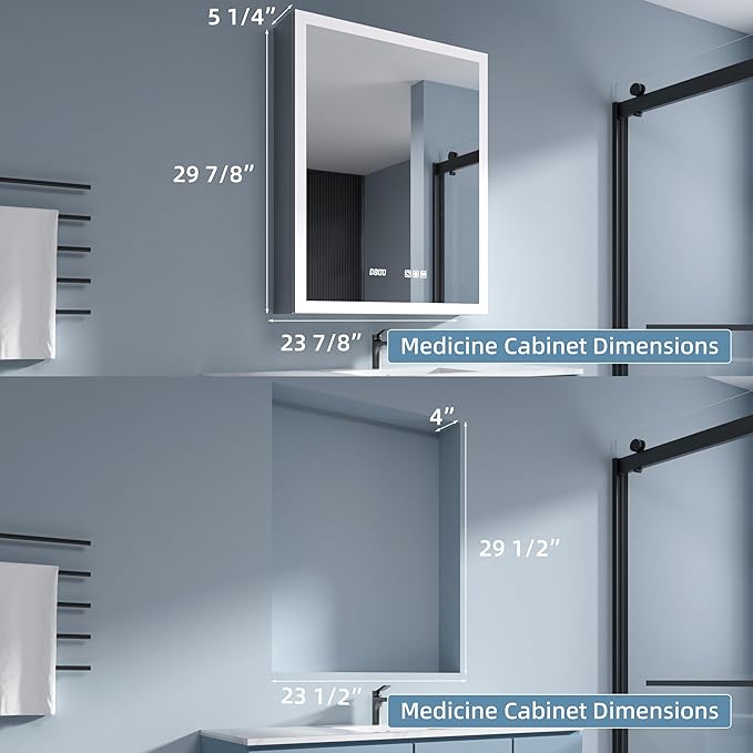 LED Medicine Cabinet 24x30 Anti-Fog Mirror Dimmable Recessed Mount | 3 Color Dimmable LED. Time Temp Display. Anti-Fog IP44. 2 Outlets+2 USB. Plug-in/Hardwired. Recessed/Wall Mount. Left Hinge